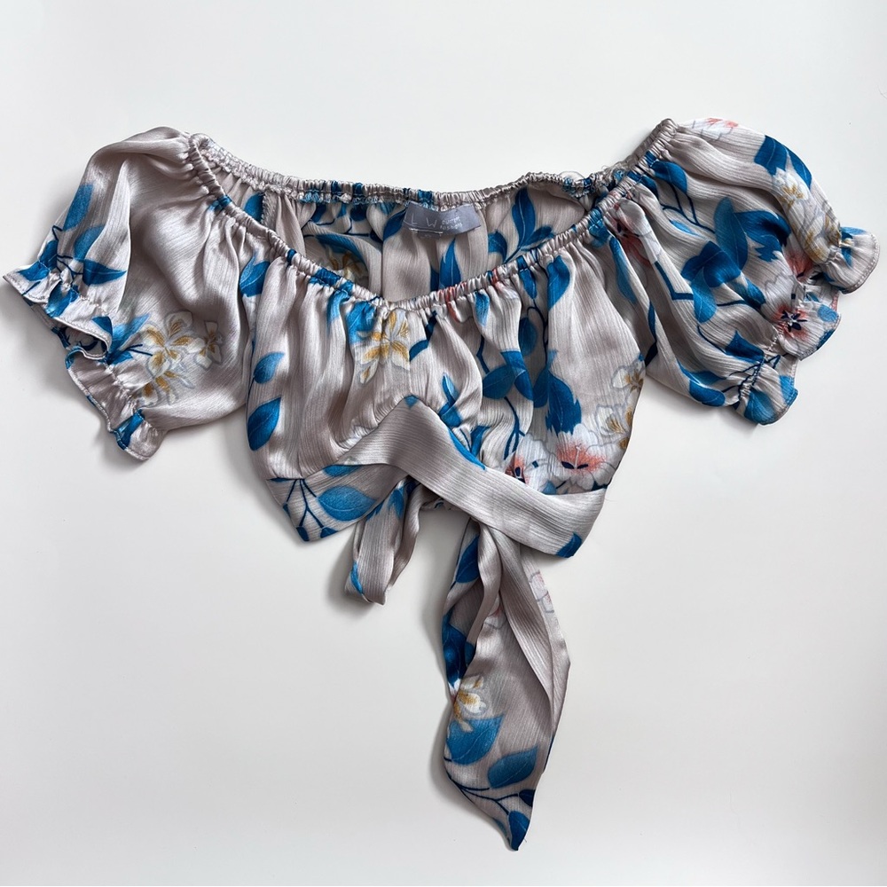 Satin Floral Blue and White Off The Shoulder TIE Waist Blouse Crop Top